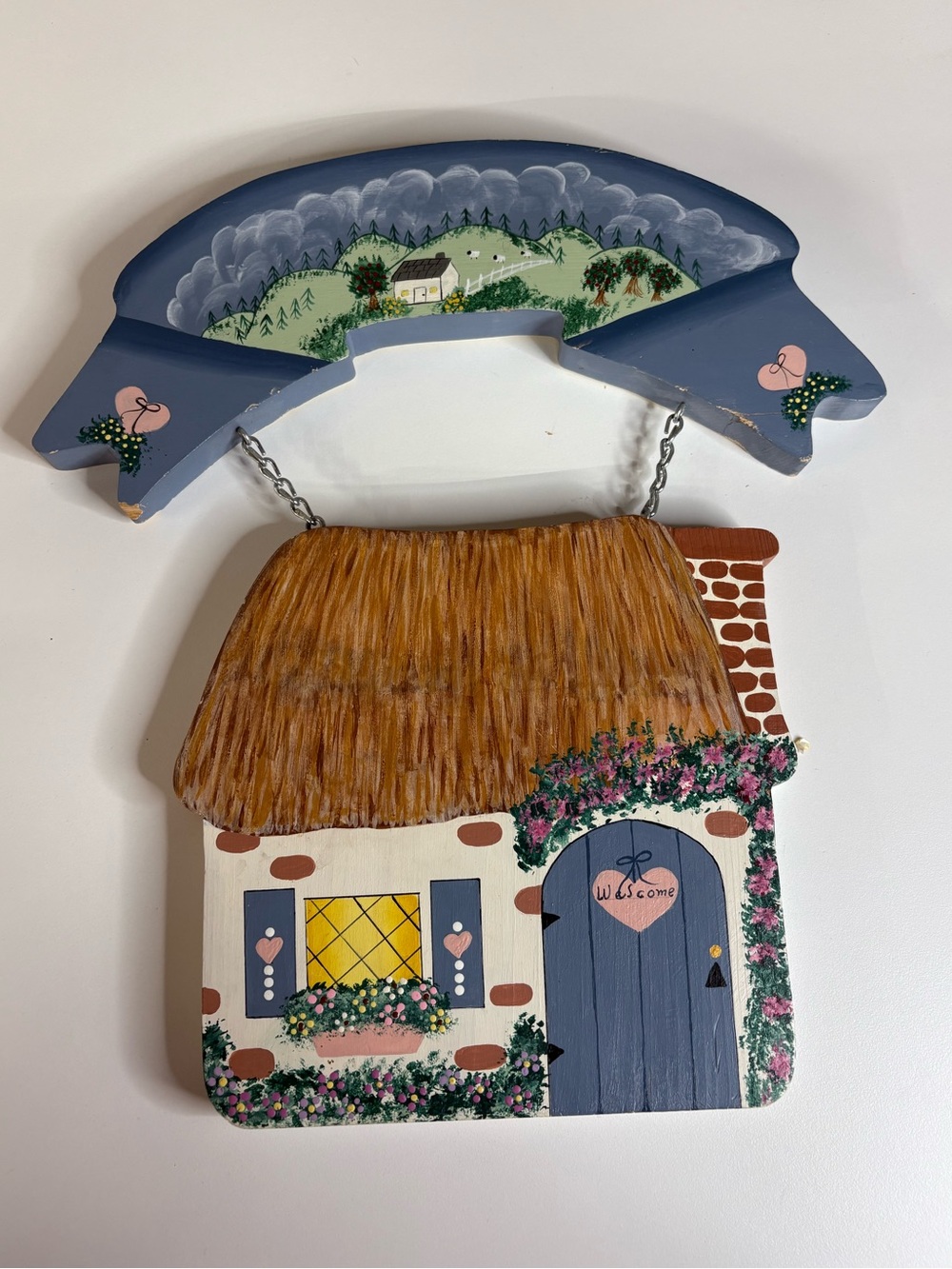 Country House Wooden Hanging Sign Hand Painted Welcome Cottagecore